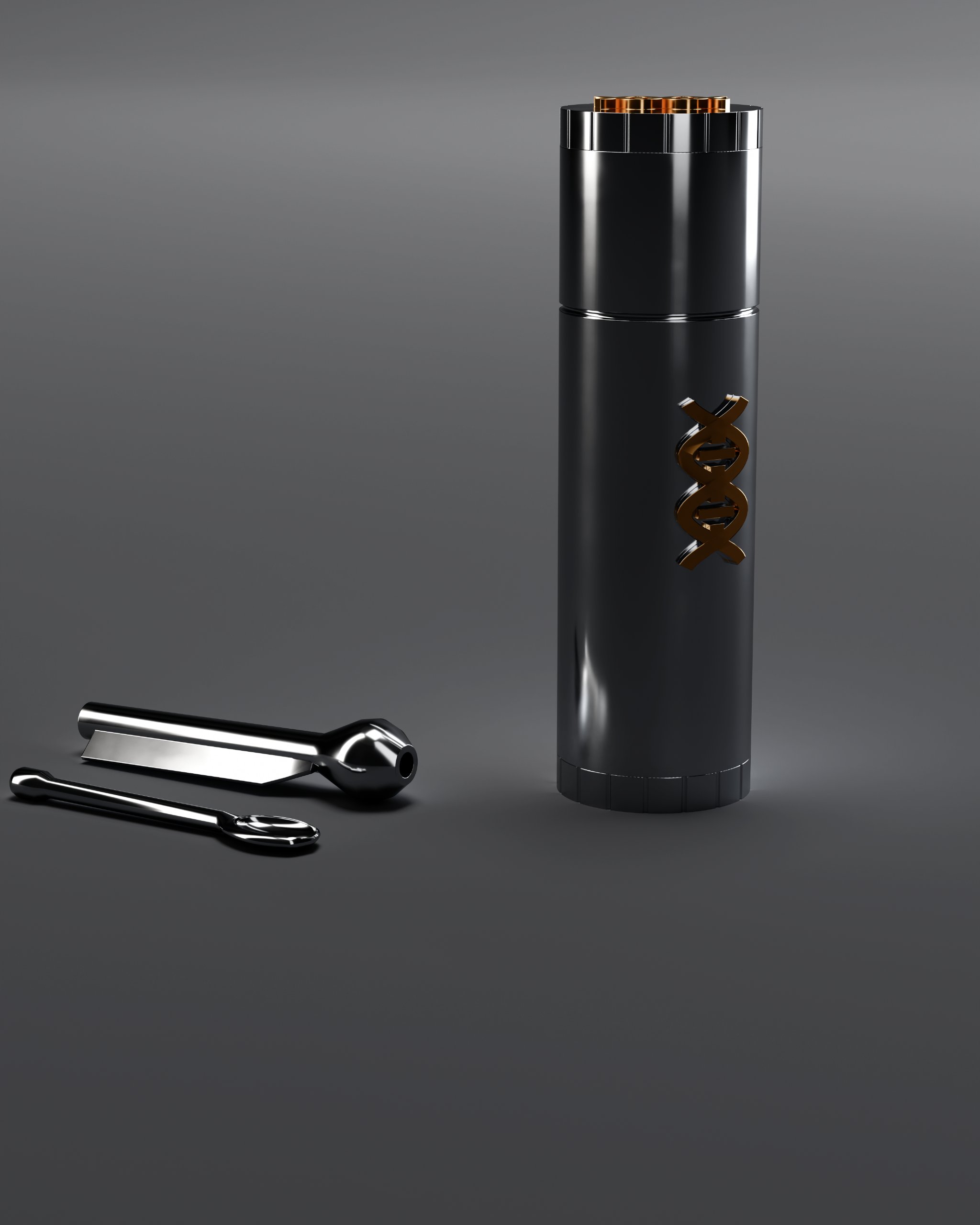 Standing, with funnel and spoon